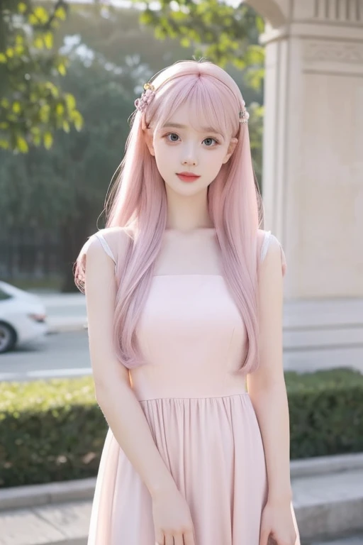 Girl, cute, elegant, beautiful hair accessories, beautiful pale dark and pale pink long dress, pale pink hair, hime cut hairstyle, beautiful eyes, at a cool place, 