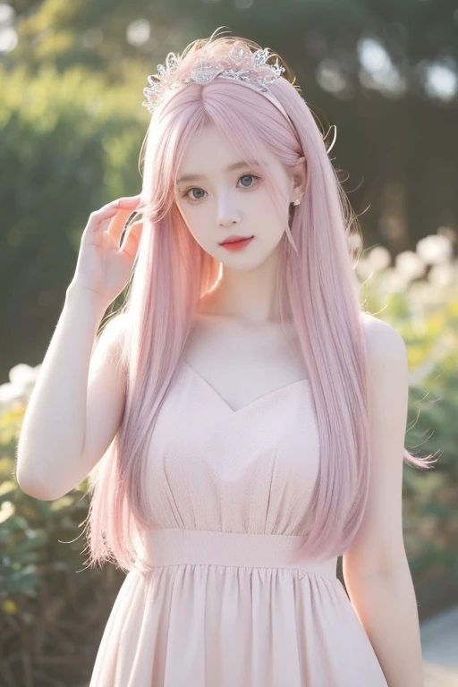 Girl, cute, elegant, beautiful hair accessories, beautiful pale dark and pale pink long dress, pale pink hair, hime cut hairstyle, beautiful eyes, at a cool place, 