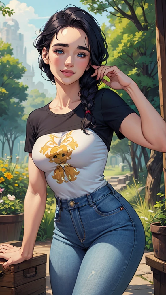 Com um dragão Ennifer Connelly, very long to the waist and half curly with bangs, seios pequenos, olhos grandes com um brilho apaixonado, olhos verdes mel, Um lindo sorriso, vestindo uma camiseta preta longa com um terno feminino verde e jeans, in a serious and sweet comic-style pose, alta qualidade Jennifer Connelly personagem mulher estilo Jennifer Connelly com marcas de guerras Imagem de desenho animado de uma mulher .Ilustra??o estilo desenho animado, estilo de arte dos desenhos animados, estilo de arte dos desenhos animados, digital illustration style, estilo atompunk projeto de pessoaagens altamente detalhado, arte digital detalhada coragem, Forest fan art, Design de personagens de retrato, beautiful digital illustration, retrato de alta qualidade, Arte em quadrinhos, mulher jovem cabelo com transas lindas . Queen Anna by Jennifer Connelly lined eyes Medium large bust and wonderful sexy clothes. image expression of sexual desire from waist to head illustration Queen Anne of Arendelle atompunk style Fallout 4 style pose playboy magazine sensual witch Character cartoon style facial expression happy beautiful smile and six medium small portrait mode waist up with lots of gold around her other stones portrait a close up of a woman in a blue shirt and jeans holding a wooden box, style artegerm, Personagem Salma Hayek (nua roupas nua pelada sem roupas) imagem de desenho animado de uma mulher jovem .cartoon style illustration, estilo de arte dos desenhos animados,digital illustration style, design de personagens altamente detalhado, arte digital detalhada profissional, floresta Design de personagens de retrato, beautiful digital illustration, retrato de alta qualidade, Arte em quadrinhos, mulher jovem. expression of sexual desire well-aligned braided hair . Roupas leves de primavera