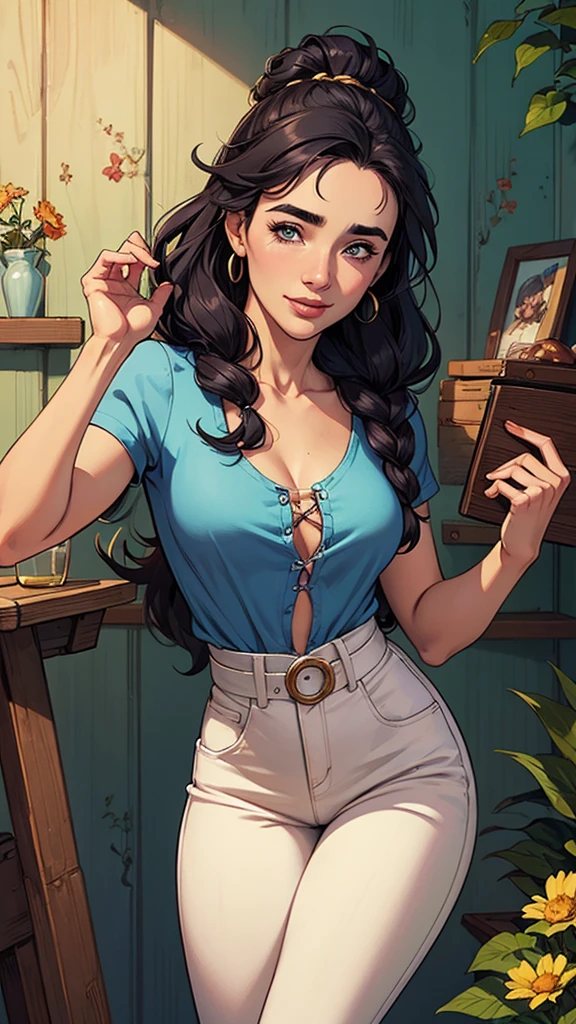 Com um dragão Ennifer Connelly, very long to the waist and half curly with bangs, seios pequenos, olhos grandes com um brilho apaixonado, olhos verdes mel, Um lindo sorriso, vestindo uma camiseta preta longa com um terno feminino verde e jeans, in a serious and sweet comic-style pose, alta qualidade Jennifer Connelly personagem mulher estilo Jennifer Connelly com marcas de guerras Imagem de desenho animado de uma mulher .Ilustra??o estilo desenho animado, estilo de arte dos desenhos animados, estilo de arte dos desenhos animados, digital illustration style, estilo atompunk projeto de pessoaagens altamente detalhado, arte digital detalhada coragem, Forest fan art, Design de personagens de retrato, beautiful digital illustration, retrato de alta qualidade, Arte em quadrinhos, mulher jovem cabelo com transas lindas . Queen Anna by Jennifer Connelly lined eyes Medium large bust and wonderful sexy clothes. image expression of sexual desire from waist to head illustration Queen Anne of Arendelle atompunk style Fallout 4 style pose playboy magazine sensual witch Character cartoon style facial expression happy beautiful smile and six medium small portrait mode waist up with lots of gold around her other stones portrait a close up of a woman in a blue shirt and jeans holding a wooden box, style artegerm, Personagem Salma Hayek (nua roupas nua pelada sem roupas) imagem de desenho animado de uma mulher jovem .cartoon style illustration, estilo de arte dos desenhos animados,digital illustration style, design de personagens altamente detalhado, arte digital detalhada profissional, floresta Design de personagens de retrato, beautiful digital illustration, retrato de alta qualidade, Arte em quadrinhos, mulher jovem. expression of sexual desire well-aligned braided hair . Roupas leves de primavera