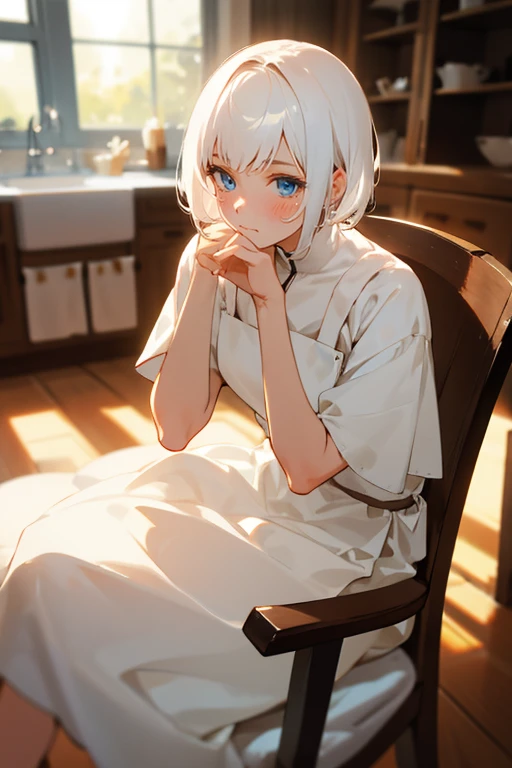 1girl with short white hair sitting on a chair, kitchen, her hand under her chin, warm lighting, white dress, blurry foreground