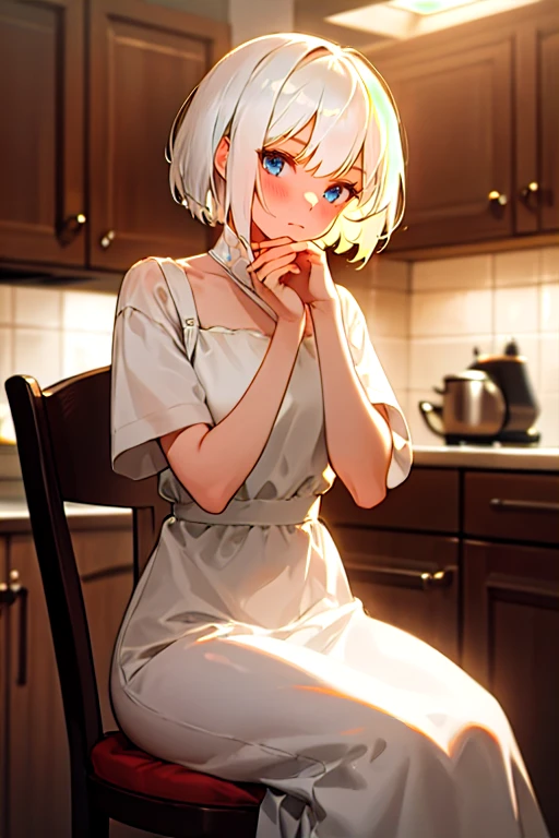 1girl with short white hair sitting on a chair, kitchen, her hand under her chin, warm lighting, white dress, blurry foreground