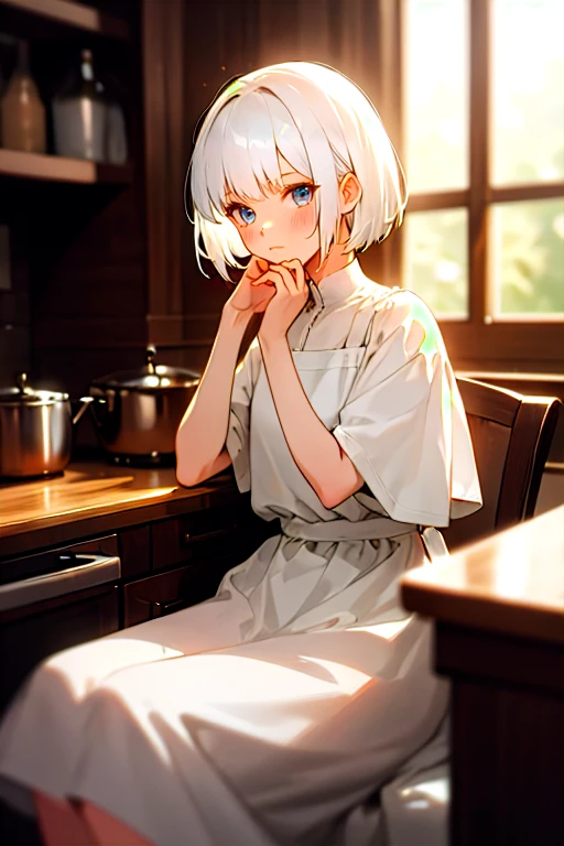 1girl with short white hair sitting on a chair, kitchen, her hand under her chin, warm lighting, white dress, blurry foreground
