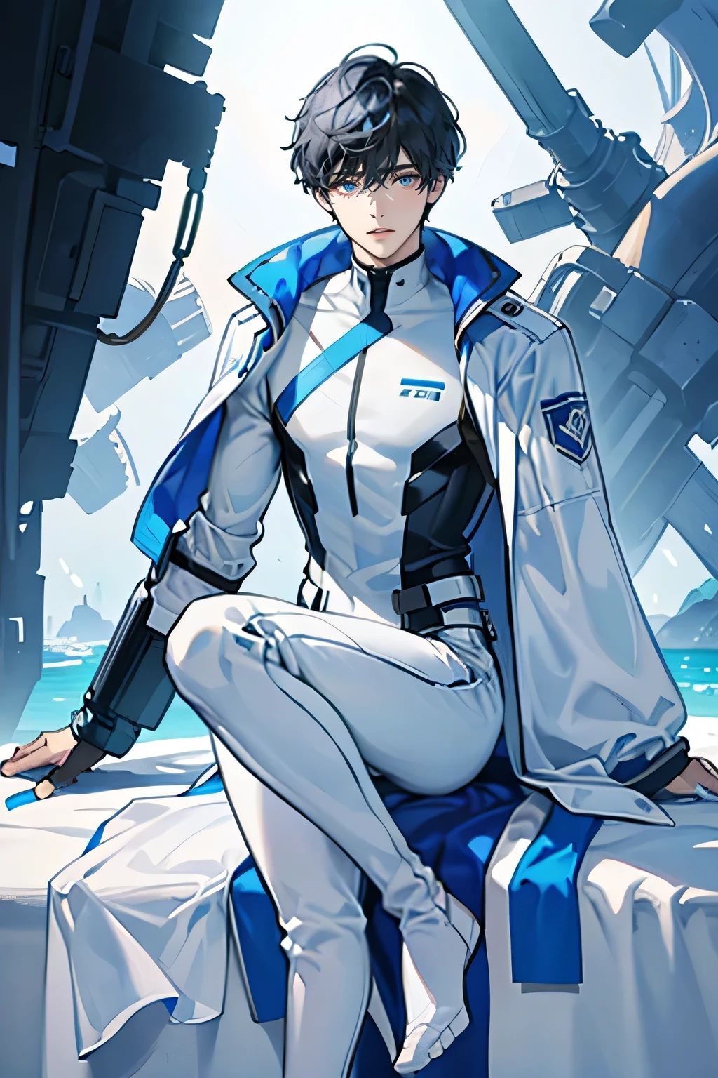 Handsome Short cut Short black hair A tight white and blue rubber suit future universe Full body view from the feet up Stand on both feet