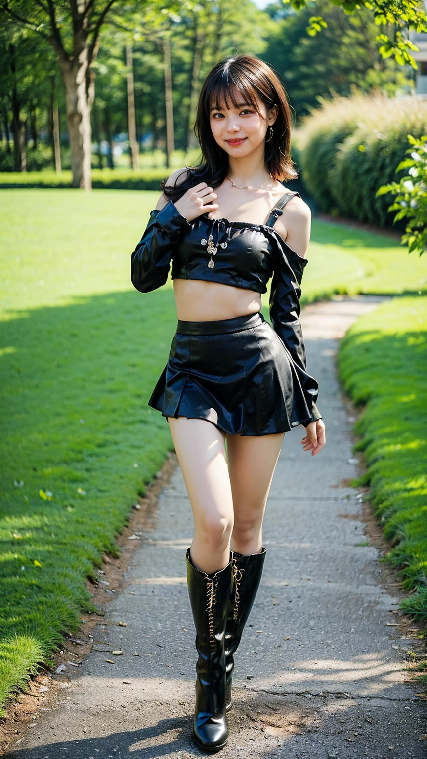 (8k、RAW Photos、highest quality、masterpiece:1.2)(Realistic、Realistic)、1 girl、((Off the shoulder、See-through、Black bustier、Large Breastini skirt、boots、smile、Model pose、Are standing、garden、whole body))