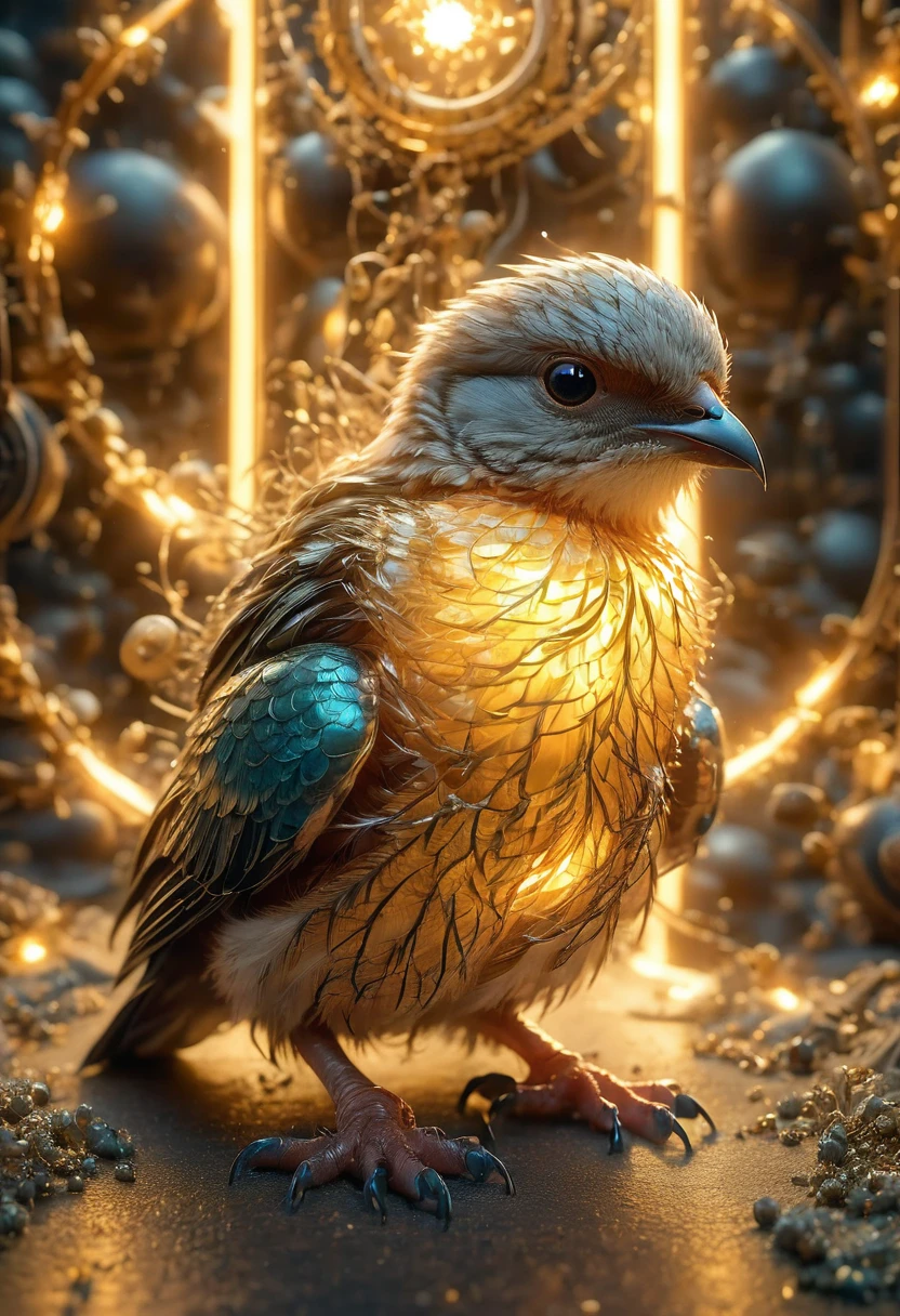 film photography style, best quality,ultra-detailed,HDR,animal photography, Cute little baby bird. Professional photography, national Geographic: macro photography hyperrealism trending on Artstation Michaelangelo volumetric lighting maximalist Alex Grey, victo ngai, Jean Baptiste mongue photoillustration 8k resolution concept art intricately detailed, sci-fi, realistic, light grain