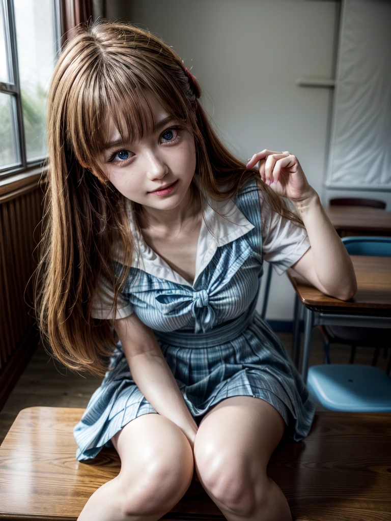 （8k, highest quality, Pieces fly:1.2)、Ultra-high resolution、anime,1 very pretty girl,Asuka Langley,Highly detailed face, Fine grain,blue eyes,,White sailor collar plain short sleeve shirt,Light blue skirt,Light Blue Suspenders,uniform_Red ribbon,Orange Hair,Long Hair、Detailed hand and fingers,put your hands in your hair,Grin、sitting on desk,Shooting from above,classroom