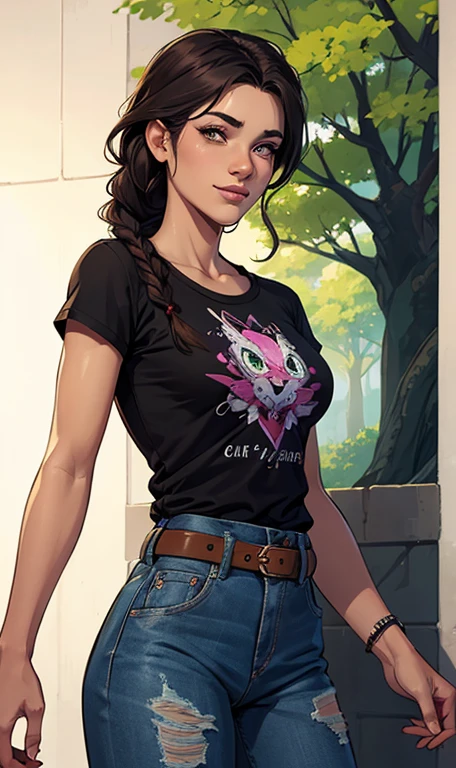 Com um dragão Ennifer Connelly, very long to the waist and half curly with bangs, seios pequenos, olhos grandes com um brilho apaixonado, olhos verdes mel, Um lindo sorriso, vestindo uma camiseta preta longa com um terno feminino (1 garota), medium breasts, bronzeado, moist skin, Pele suada, cabelo loiro ondulado, camiseta punk, garota punkPersonagem Salma Hayek (nua roupas nua pelada sem roupas) imagem de desenho animado de uma mulher jovem .cartoon style illustration, estilo de arte dos desenhos animados,digital illustration style, design de personagens altamente detalhado, arte digital detalhada profissional, floresta Design de personagens de retrato, beautiful digital illustration, retrato de alta qualidade, Arte em quadrinhos, mulher jovem. expression of sexual desire well-aligned braided hair . Roupas leves de primavera