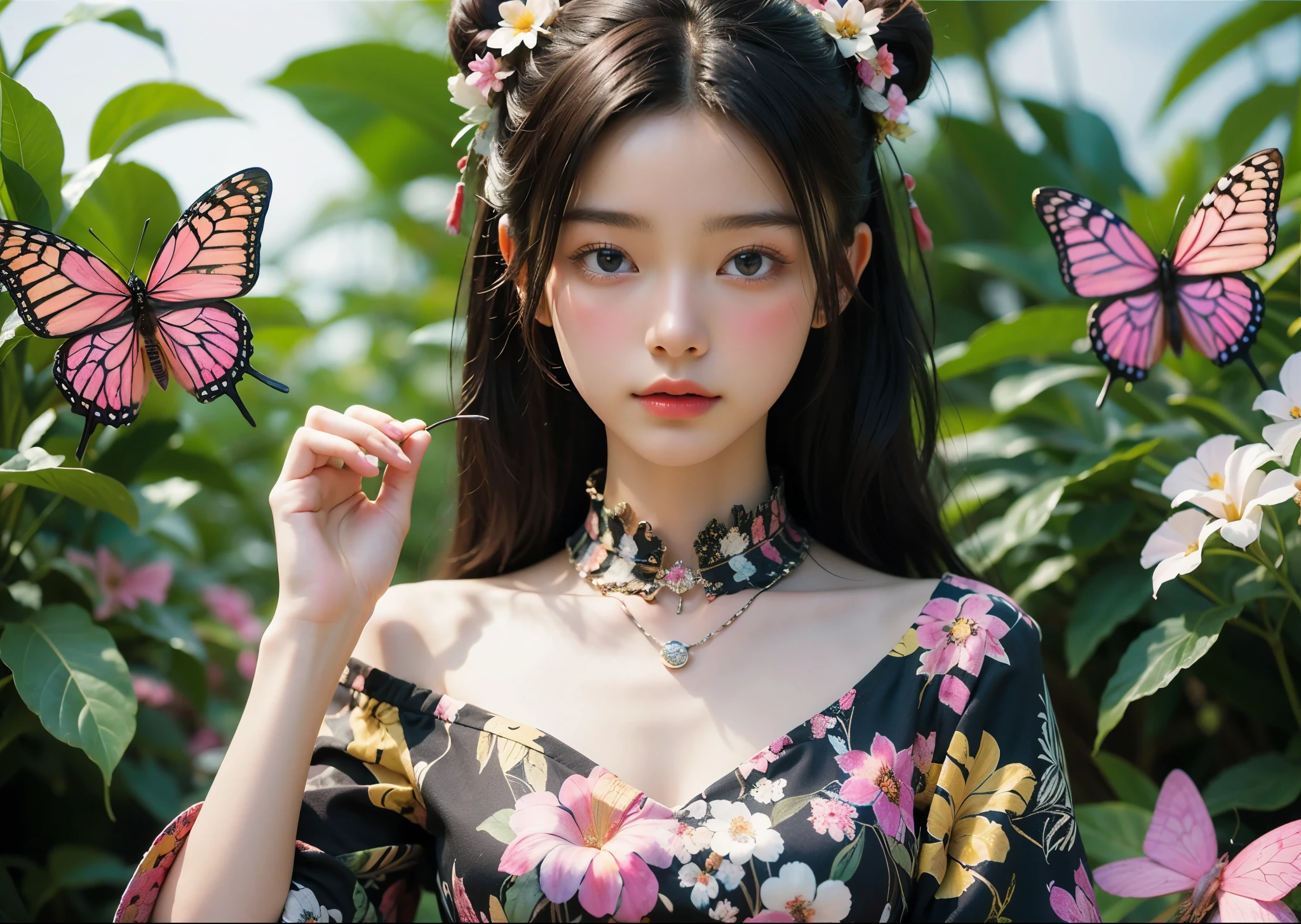 (masterpiece, highest quality, highest quality, Official Art, beautifully、aesthetic:1.2), (1 girl), Very detailed,(Fractal Art:1.3),Colorful Aloha、Most detailed, Background with fractals and details of assorted flowers and tropical butterflies、