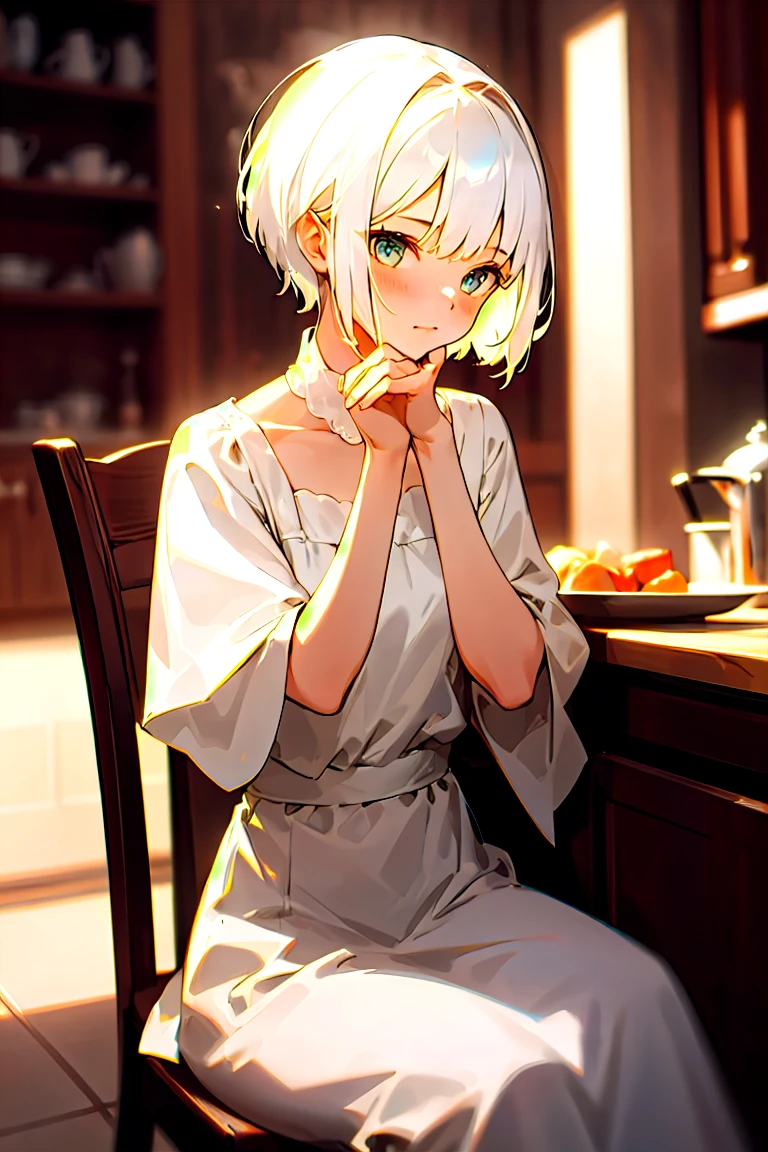 1girl with short white hair sitting on a chair, kitchen, her hand under her chin, warm lighting, white dress, blurry foreground

