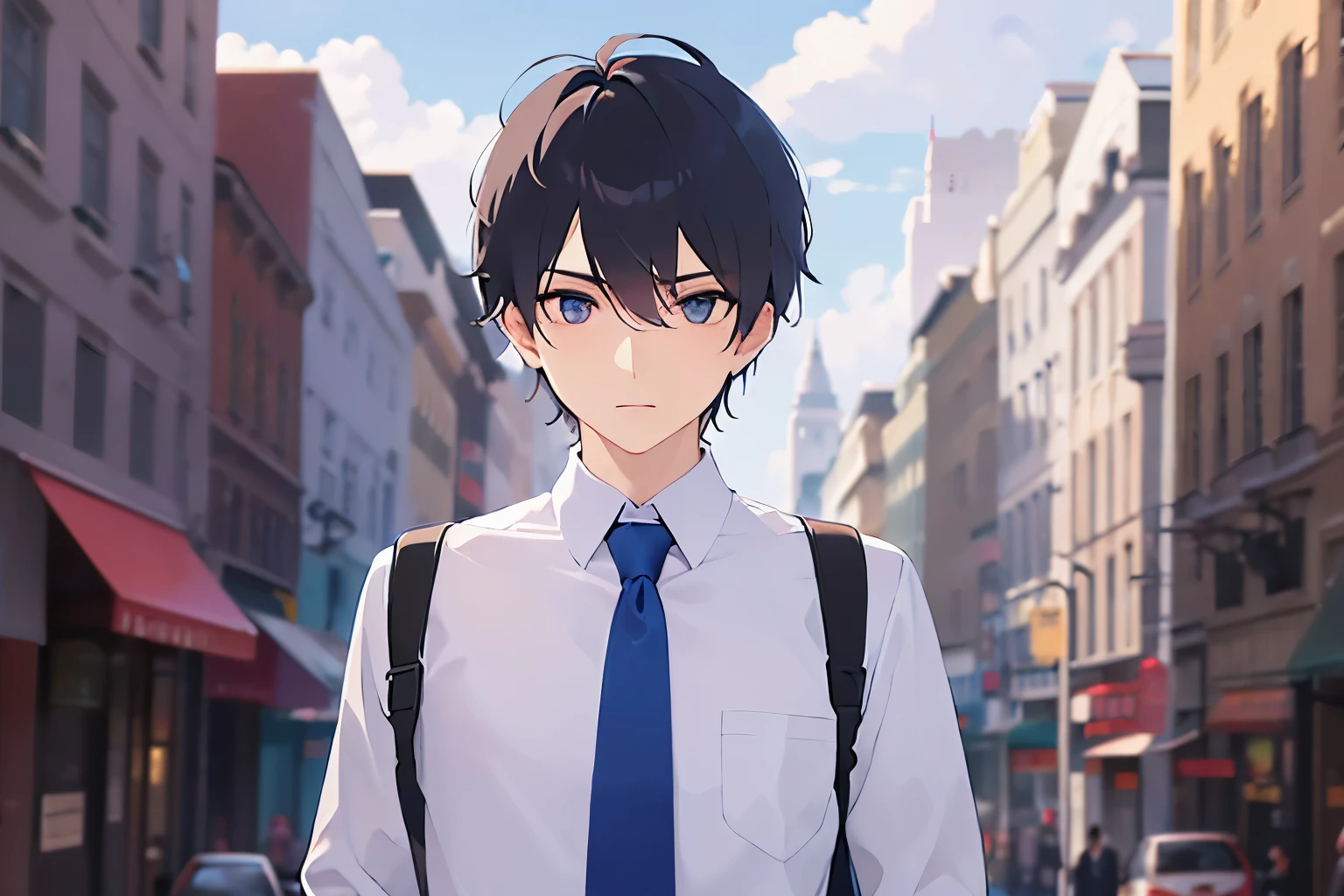 upper body、shiny skin, masterpiece、highest quality、(25-year-old male:1.5) and (Black short hair) and (blue eyes), (Wearing a suit) and (White collared shirt:1.5) and (Blue tie)、Serious expression、The background is the city、(Alone:1.5)、Holding a bag