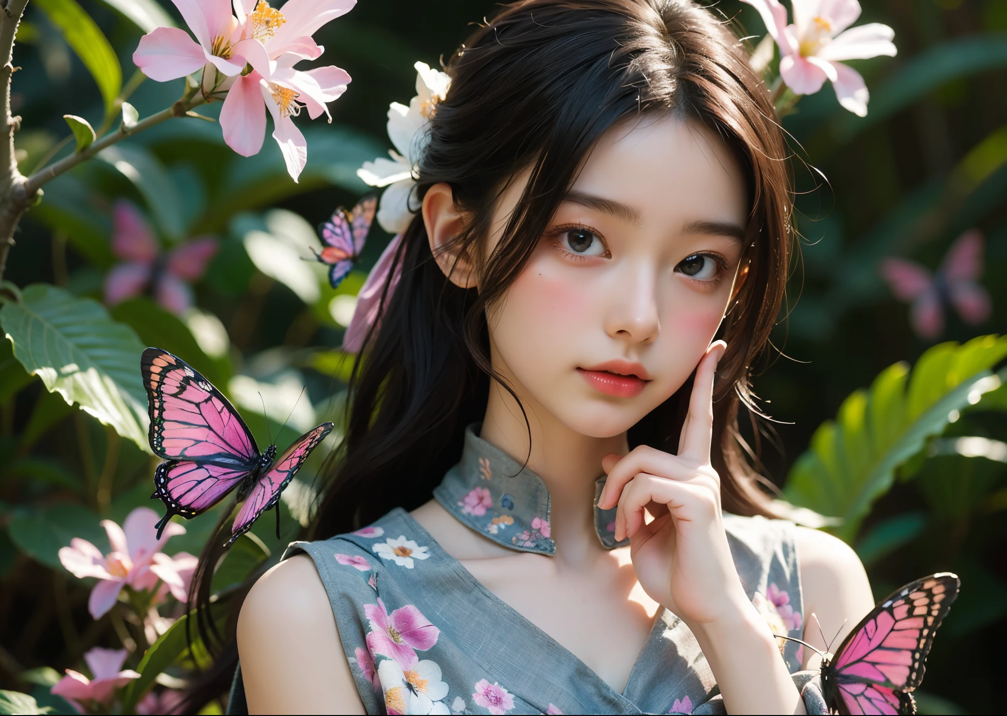 (masterpiece, highest quality, highest quality, Official Art, beautifully、aesthetic:1.2), (1 girl), Very detailed,(Fractal Art:1.3),Colorful Aloha、Most detailed, Background with fractals and details of assorted flowers and tropical butterflies、