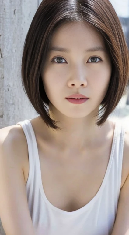 Japanese, Short women,  Physical build, Medium meat, Medium height, A little plump, Short arms, single eyelid, Long, narrow eyes, Ephemeral atmosphere, 30-year-old woman, Black bob hair, ((Thin lips)), White top and bottom underwear, Pieces fly, highest quality, Detailed skin, Fine grain, ,8k, Excellent anatomy, Upper body portrait