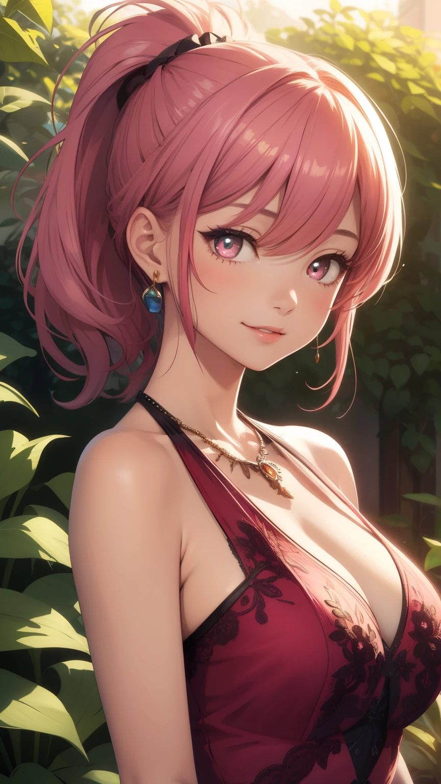 1girl, natural lighting, masterpiece, highly detailed, illustration, game CG, absurdres, high quality, aichan, large , beautiful detailed eyes, medium bright pink hair, ponytail, bangs, glossy lips, light smile, garden, halter top layered minidress, bracelets, necklace, jewelry