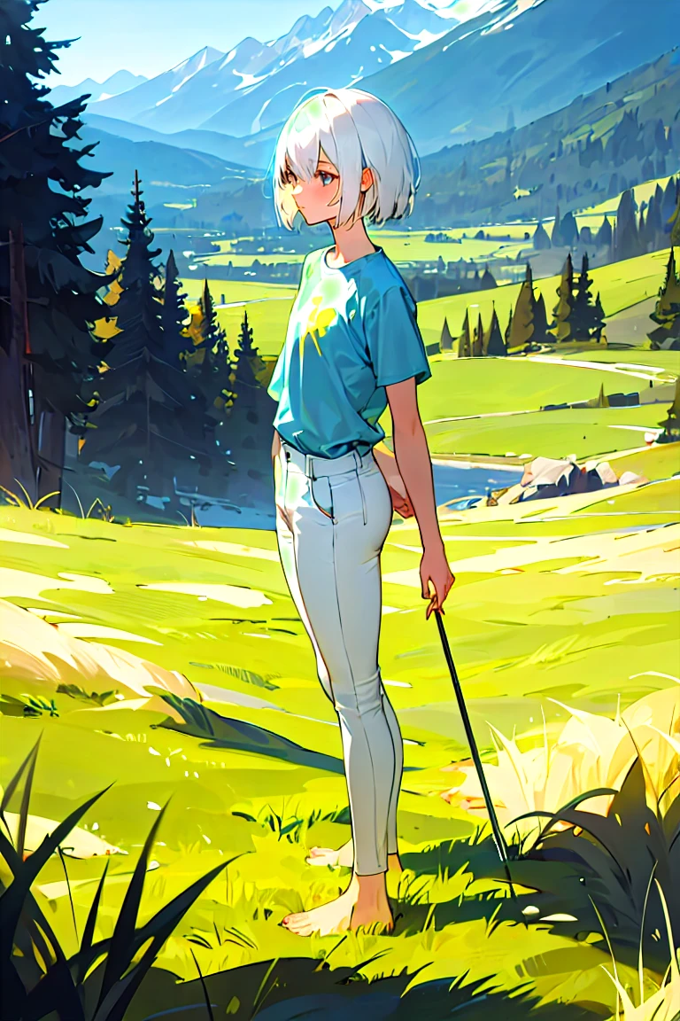 1girl, short hair, white hair, shirt, short sleeve, skinny pants, bare feet, standing, outdoor, grass, [[nature]], [mountains]
