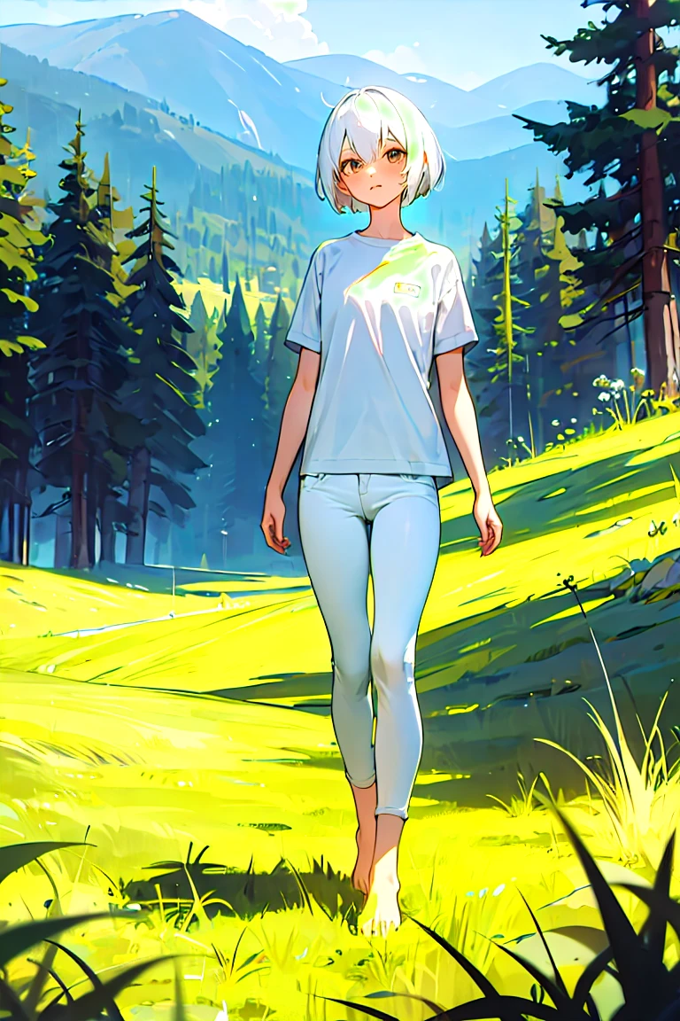 1girl, short hair, white hair, shirt, short sleeve, skinny pants, bare feet, standing, outdoor, grass, [[nature]], [mountains]
