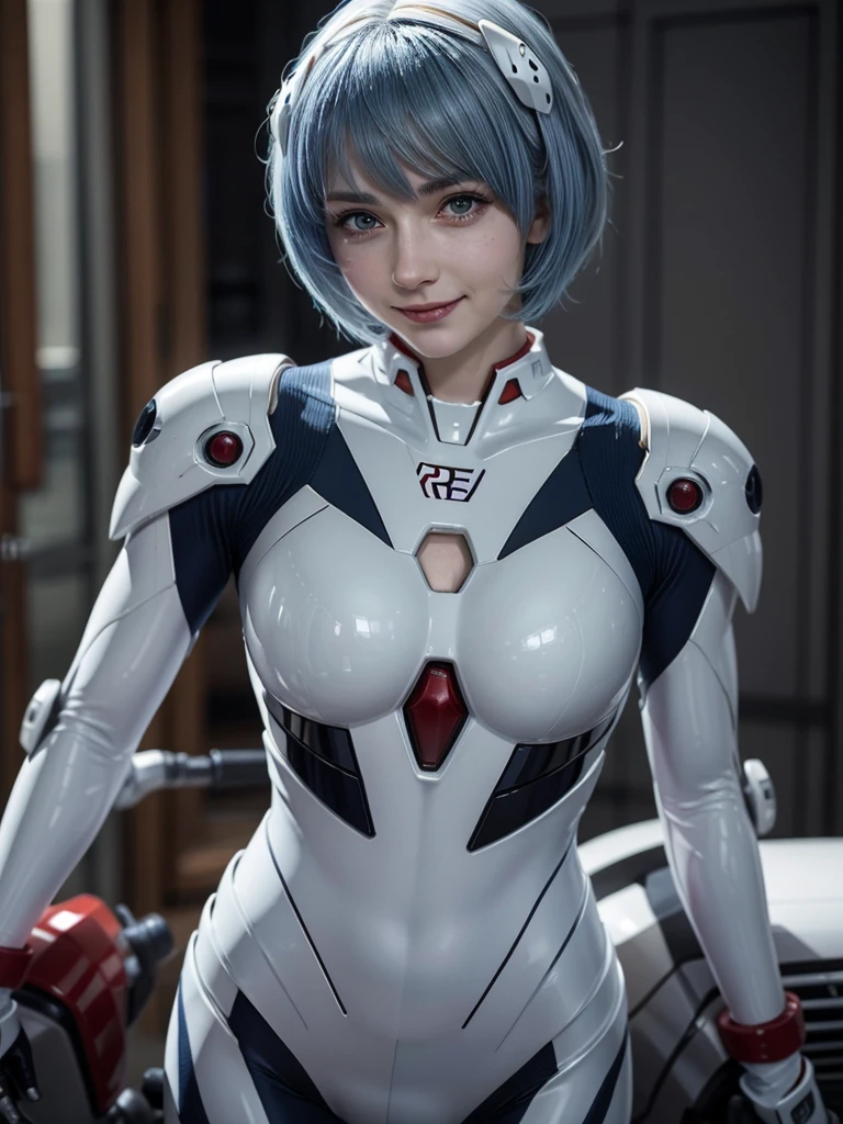 Masterpiece, highest quality, 8K, detailed skin texture, fine cloth texture, beautiful detailed face, intricate details, super detailed, portrait of Rei Ayanami, blue hair, red eyes, looking far away, no background, Evangelion Wearing a plug suit when riding, plug suit, whole body visible, standing, arms crossed, , beautiful, cute, great style, smiling,composition that shows the whole body,