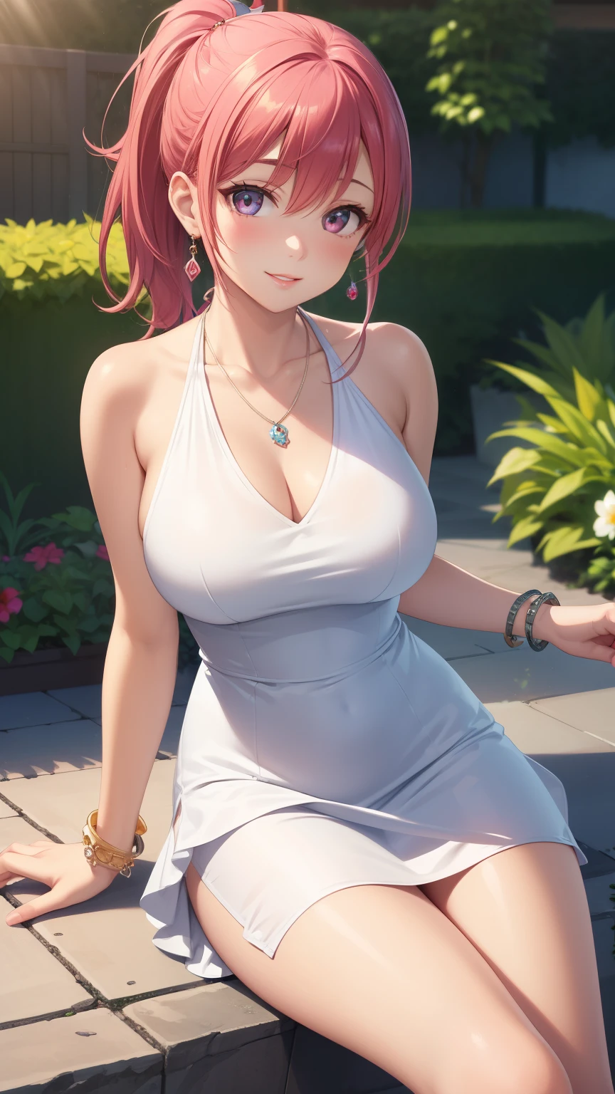 1girl, natural lighting, masterpiece, highly detailed, illustration, game CG, absurdres, high quality, aichan, large breasts, beautiful detailed eyes, medium bright pink hair, ponytail, bangs, glossy lips, light smile, garden, halter top layered minidress, bracelets, necklace, jewelry,