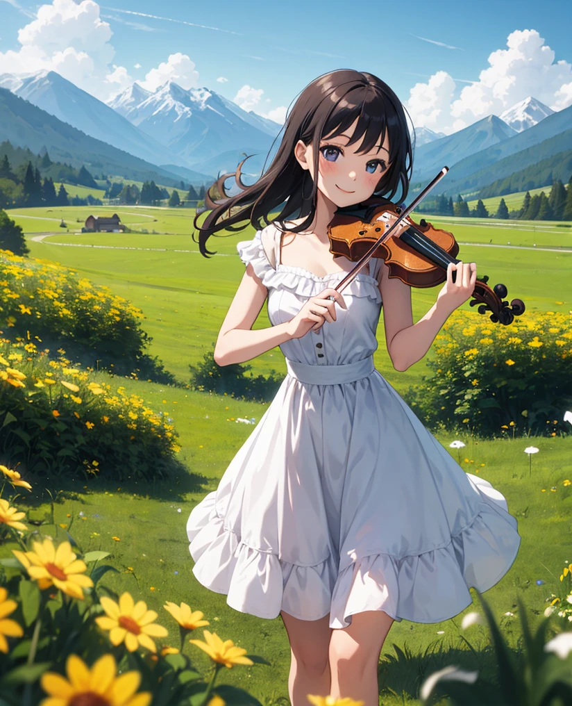 kawaii 1girl, violin playing, smile, slim, dress, outdoors, in nature, mountains,  grassfield, flowers, sky, floating hair