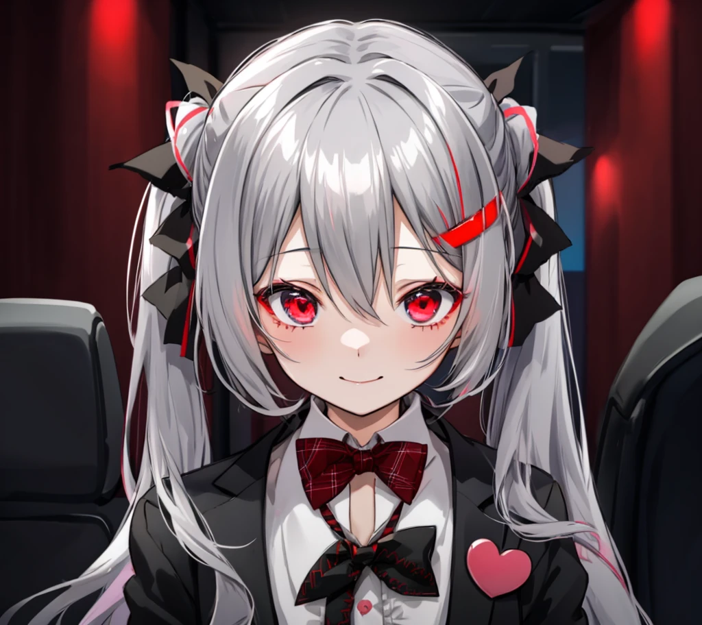 hatunemiku,ribon,red eye,suit,anime Gray Hairの女の子 and red eyes sitting in a car, gapmoe yandere, yandere, ギャップ萌えYandereグリムダーク, portrait ギャップ萌えYandereグリムダーク, yandere. expensive, Travel Udon Neinaba, Gray Hair, Gray Hairの, With glowing red eyes, Yandere, shikamimi, Twin tails,Heart-shaped eyes,smilingly, Yandere, shikamimi, Gray Hairの女の子,1 person