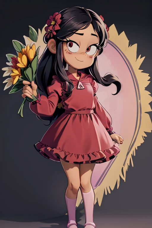 Masterpiece, best quality, 1 girl, alone, long_hair, looking_at_viewer, ronnie Anne, black hair, red eyes, smile, bangs, skirt, shirt, long_sleeves, hen, dress, bow, holding, closed_mouth, flower, ruffles, flower_hair, petals, bouquet , holding_flower, center_ruffles, hood, holding_bouquet, tachi-e, full body, white background,