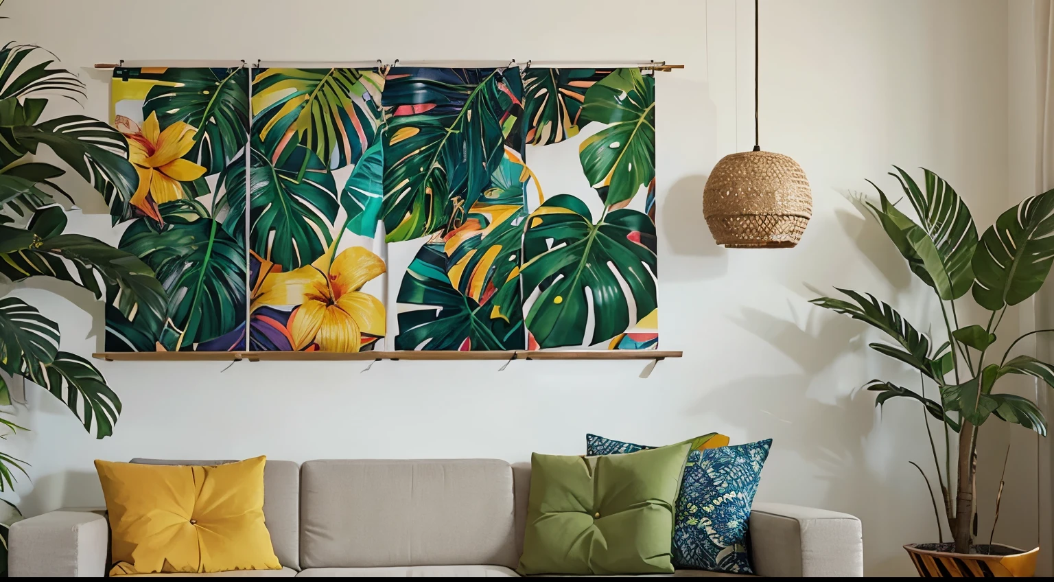 Transform your space into a tropical oasis with a seamless row of rolled graphics, each one showcasing a different and visually stunning multi-colored graphic pattern