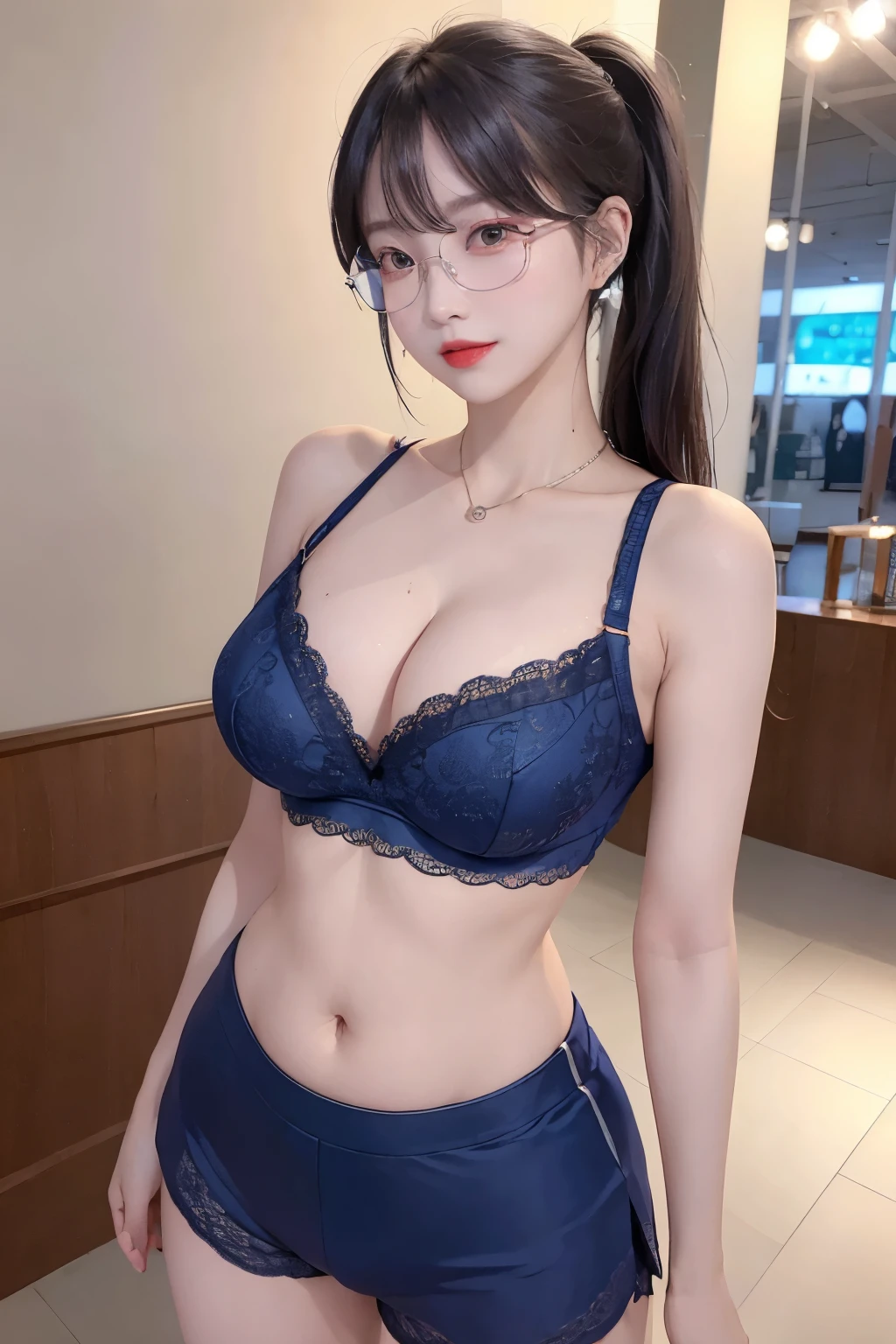 A sexy and charming korea woman, legs thrown back, elegant and intellectual, confident and generous, exquisite and beautiful face, exquisite collarbone, charming fragrant shoulders, navel, full body wet photo, body facing the front, beautiful and exquisite pretty face, peach Red lips, fragrant shoulders slightly exposed, super big breasts looming, focus on the face, seductive and delicate collarbone, ultra-high resolution, tender and smooth skin, very realistic details, bokeh, Bright Background, ultra-high-definition, outstanding details, 8K, blushing face, Attractive collarbone, sexy shoulders, one person, wet bob hair, ponytail long hair, smile with teeth, clothes((luxury BLUE lace crop top and lace boxers with deep cleavage, luxury necklace):1.2), high detail, shiny skin, (standing pose:1.5), light smile, beauty glasses,