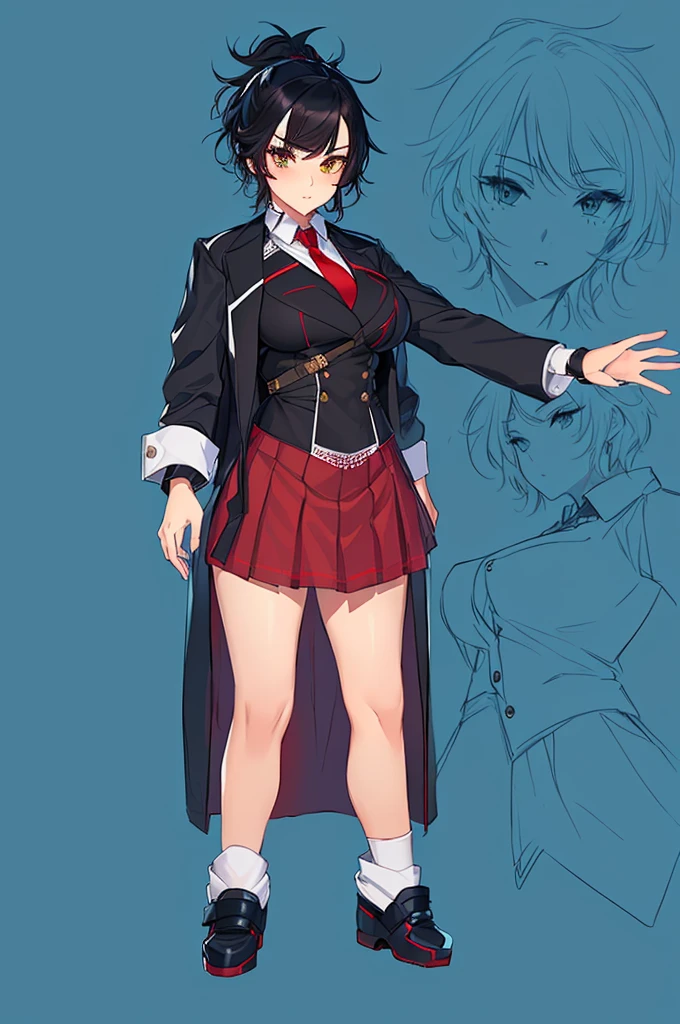 (masterpiece), best quality, 1girl, full body character concept, full body character design, full body concept art, mature lady, tomboy, Beautiful face, heterochromia eyes, right eye blue, left eye red, short hair, black hair, big boob, brown tight, red skirt, black jacket blazer, red tie, messy hair hairstyle, detailed hairstyle, high schoolers girls