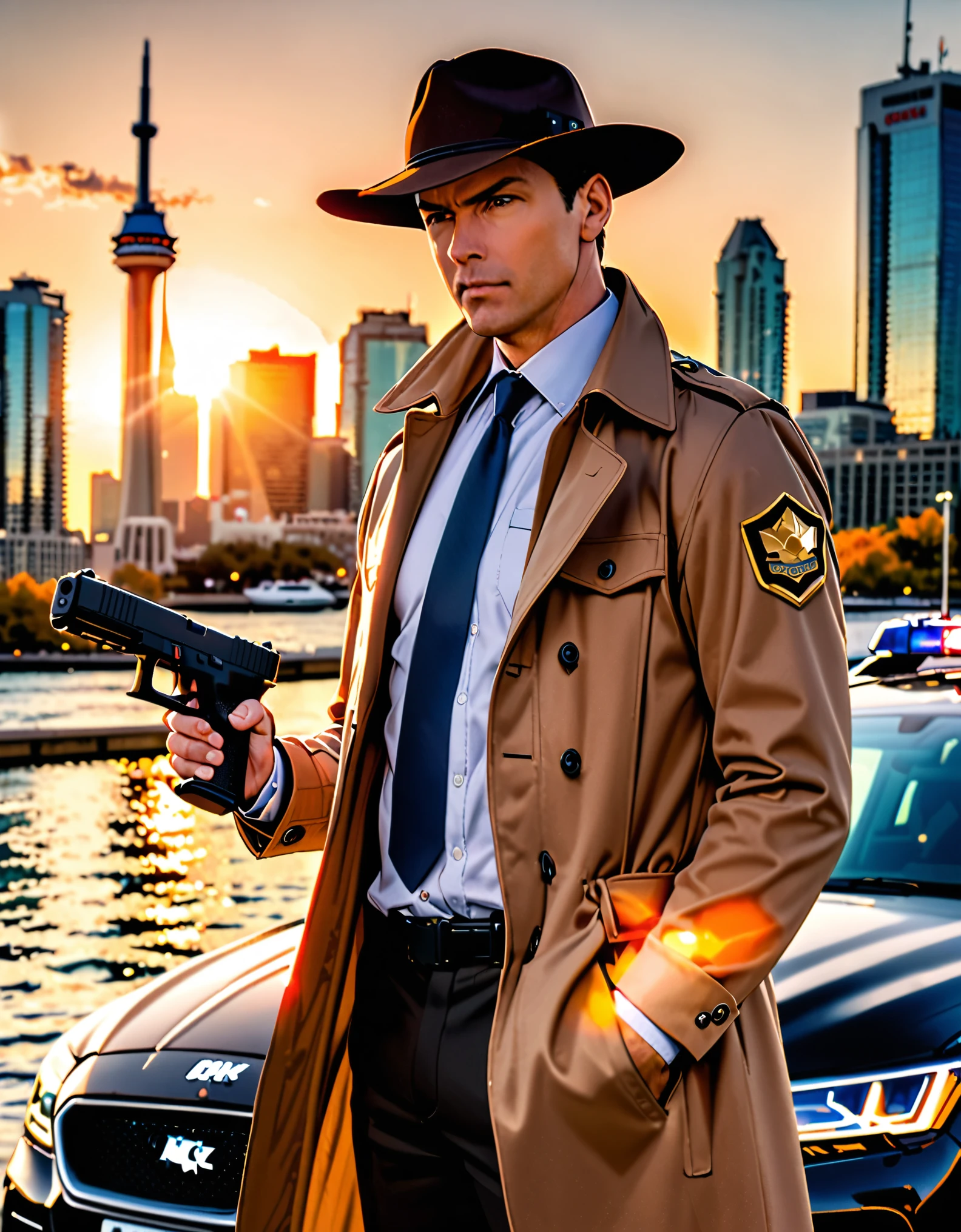 ((masterpiece, best quality, hires)), 1boy, male focus, solo focus, mature adult, age 27, canadian police officer, detective, dark brown suit and tie, trenchcoat, brown hair, dark hazel eyes, ((using Glock17 handgun)), in front of a patrol cruiser, toronto city backdrop, cowboy shot, sunset, brown cowboy hat, serious look on his face.