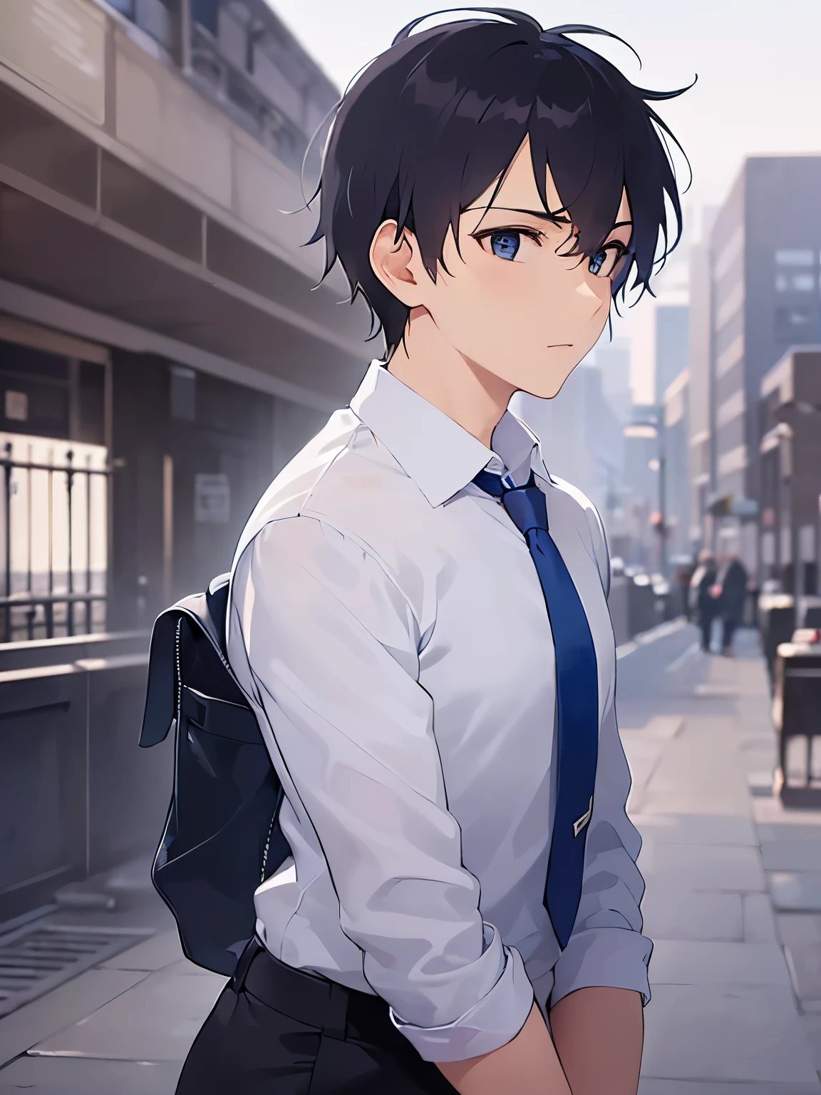 upper body、shiny skin, masterpiece、highest quality、(25-year-old male:1.5) and (Black short hair) and (blue eyes), (Wearing a suit) and (White collared shirt：1.5) and (Blue tie)、Mysterious face、The background is the station platform.、(Alone:1.5)、look back