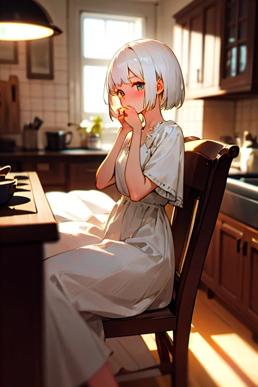 (masterpiece, best quality), 1girl with short white hair sitting on a chair, kitchen, her hand under her chin, warm lighting, white dress, blurry foreground