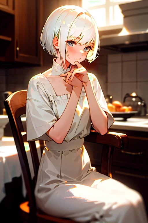 (masterpiece, best quality), 1girl with short white hair sitting on a chair, kitchen, her hand under her chin, warm lighting, white dress, blurry foreground