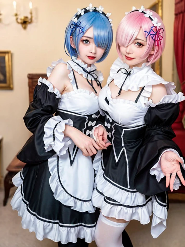 (8K, Photorealistic, Raw photo, of the highest quality: 1.3), (1girl in), Super beautiful, (Realistic face), (boyish, light blue Color Berry Shorthair),(8K, Photorealistic, Raw photo, of the highest quality: 1.3), (1girl in), Super beautiful, (Realistic face), (boyish, pink Color Berry Shorthair), Beautiful , Glare that captivates the viewer, Beautiful expression, Beautiful breasts, (Realistic skin), Be...Create a detailed and colorful image of Ram and Rem from Re:Zero, standing back-to-back in their maid outfits, with a magical fantasy background、14years old, two girls,cute, perfect face, beautiful, nice body, gothic lolita clothes, gothic lolita fashion, frilly skirt, headdress, necklace, bracelet, knee-high socks, boots, double eyelids, tear bags, Detailed down to the fingers, photo-like description, indoors, dim indoor lighting, one girl is pink hair and short bob, another girl is light blue hair and short bob,standing, whole body, composition that shows the whole body, smiling,The Both of them are wearing the same type of maid outfit