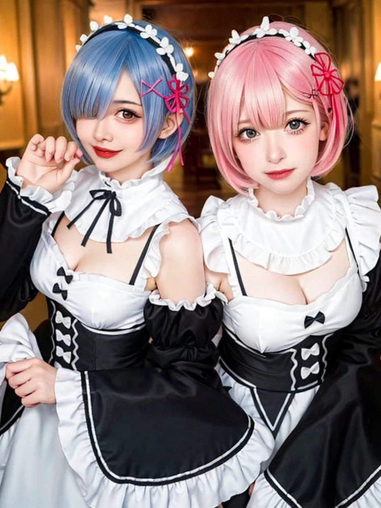 (8K, Photorealistic, Raw photo, of the highest quality: 1.3), (1girl in), Super beautiful, (Realistic face), (boyish, light blue Color Berry Shorthair),(8K, Photorealistic, Raw photo, of the highest quality: 1.3), (1girl in), Super beautiful, (Realistic face), (boyish, pink Color Berry Shorthair), Beautiful , Glare that captivates the viewer, Beautiful expression, Beautiful breasts, (Realistic skin), Be...Create a detailed and colorful image of Ram and Rem from Re:Zero, standing back-to-back in their maid outfits, with a magical fantasy background、14years old, two girls,cute, perfect face, beautiful, nice body, gothic lolita clothes, gothic lolita fashion, frilly skirt, headdress, necklace, bracelet, knee-high socks, boots, double eyelids, tear bags, Detailed down to the fingers, photo-like description, indoors, dim indoor lighting, one girl is pink hair and short bob, another girl is light blue hair and short bob,standing, whole body, composition that shows the whole body, smiling,The Both of them are wearing the same type of maid outfit