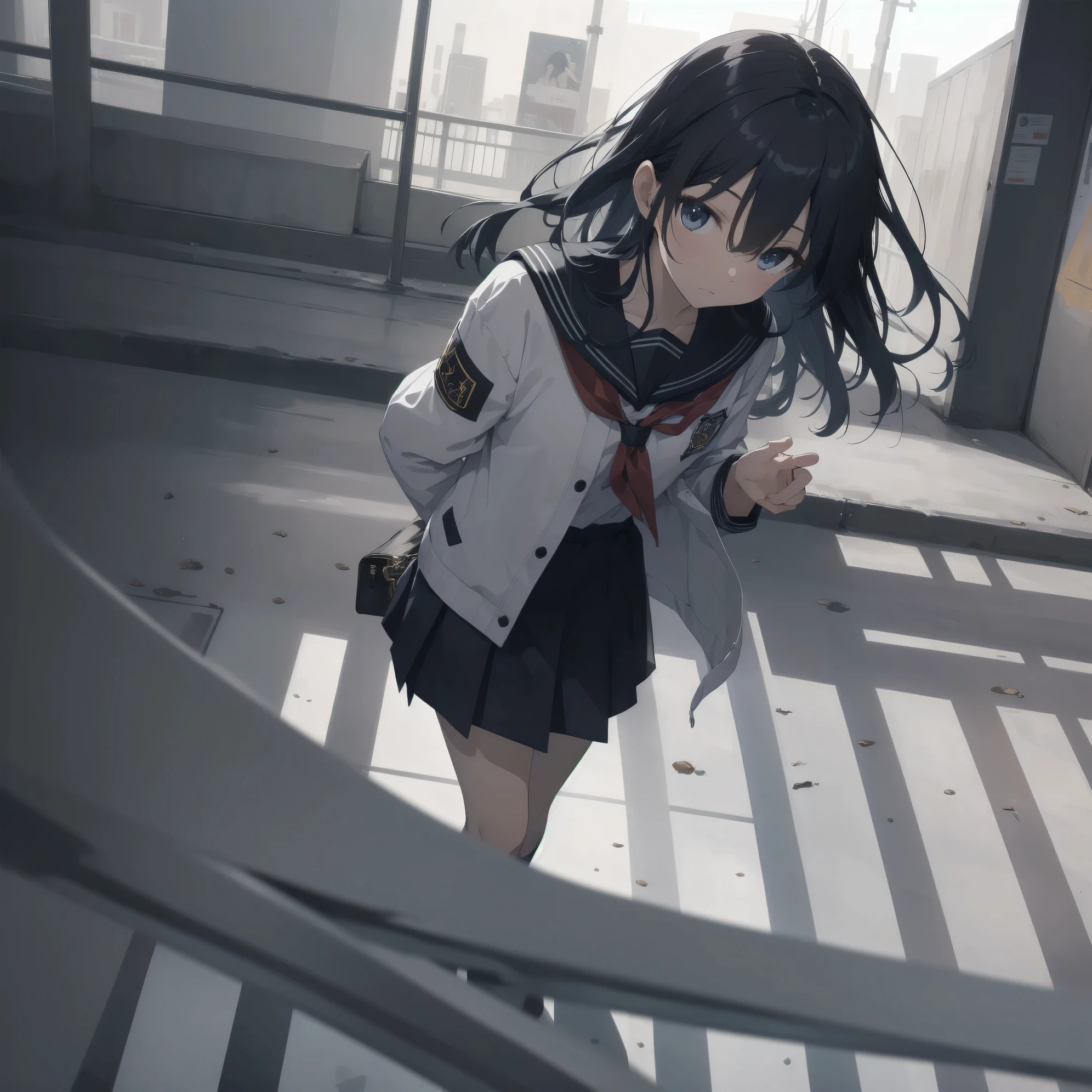ultra-absurdres-Top quality by artist God, ultra-detailed, high resolution, anime moe artstyle, best anime 8k konachan wallpaper, pixiv contest winner, pool:2810, perfect anatomy,break, 1girl, (Please draw a girl walking sleepily to school alone. )break,(Solo,little female, 13-year-old:1.3),Full limbs, complete fingers,a junior high school student, (very short hair), short cut, flat chest, , small butt, small black eyes, beautiful detailed eyes, well-proportioned iris and pupils, expressive eyes, highres detailed hair, soft expression, salor school_uniform, sailor collar, serahuku, bow, pleated skirt,(Detailed Lighting), (Detailed background), in the School commute route. break,super detailed skin, Best cinematic lighting powered by famous artist, 8k,beauty illustration,photoshop_(medium),very aesthetic,break,((artist:minaba_hideo )), artist:clamp ,artist:carnelian ,artist:kantoku ,