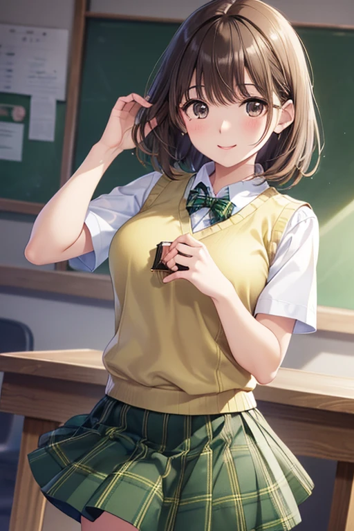 Shiny brown hair, short hair, Brown eyes、smile、Sparkling eyes, (Fine grain)、Ultra-detailed eyes、
break (((green skirt, Plaid))), green Plaid skirt, Sainan High , , skirt, Sweater vest, (green Plaid、break Yellow sweater:1.3), Short sleeve,
break indoors, classroom,
break looking at viewer, (Cowboy Shot:1.5),
break (masterpiece:1.2), highest quality, High resolution, unity 8k wallpaper, (figure:0.8), (美しいFine grain:1.6), Highly detailed face, Perfect lighting, Highly detailed CG, (Perfect hands, Perfect Anatomy),