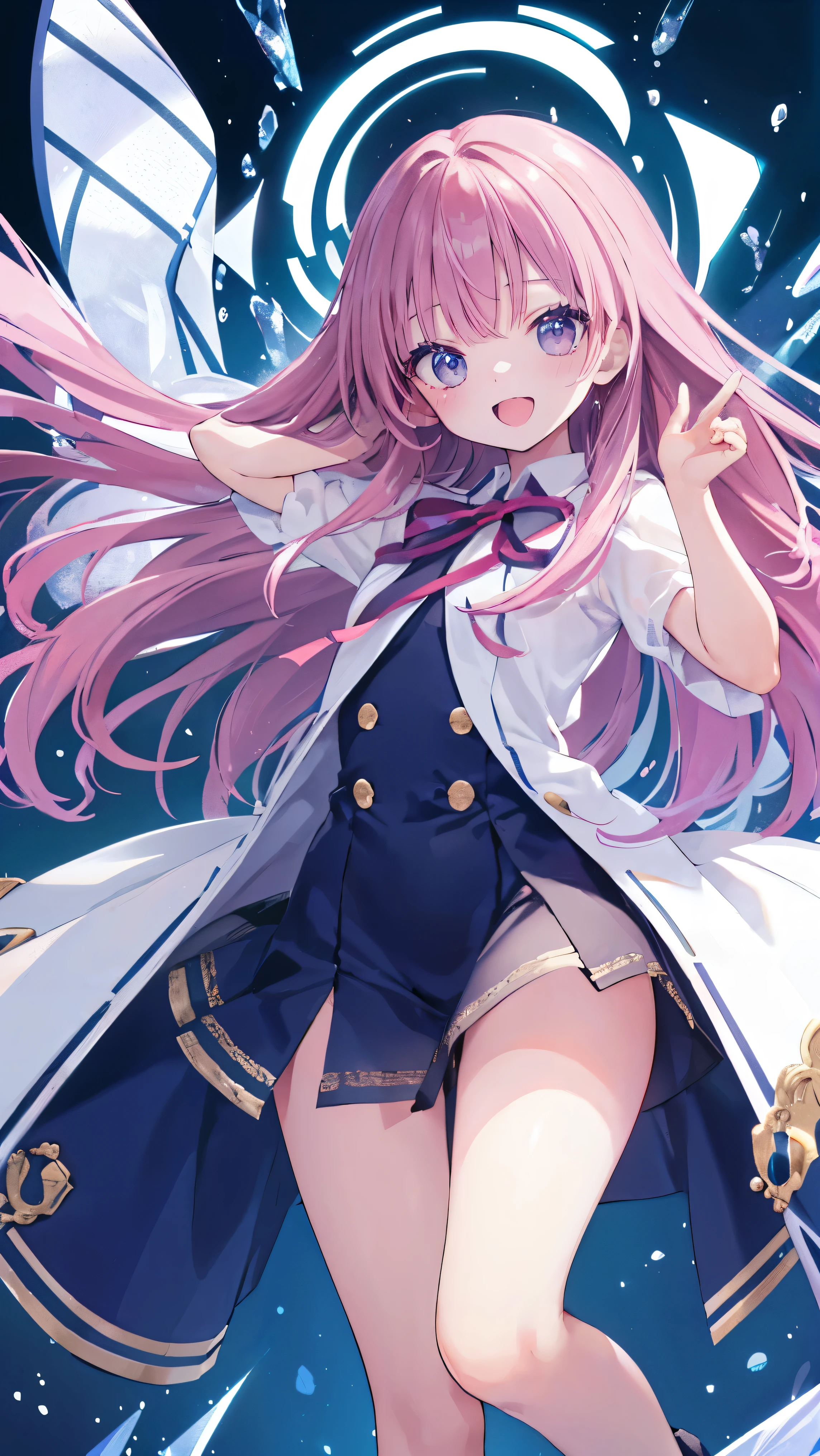 Masterpiece、Highest quality、highest quality、((((Transparency))))、Good looking girl (blush, Perfect Face), independent , Looking into the camera, masterpiece, Anime art style, (Open Mouth Smile)、Shiny hair quality、Small face、Dynamic pose、Super detailed, beautiful, wide eyes、Ultra-detailed, clear and beautiful faces、(cute illustration:1.2), High-resolution, ultra-detailed, best quality, embarrassed、Thighs, Awards, Anatomically correct