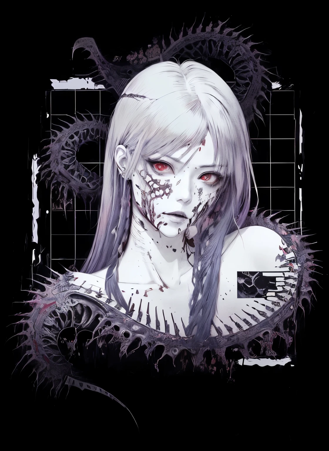a woman with a bloody face and a creepy face on her face, yandere intricate, chainsaw man manga, ito junji art, detailed digital anime art, fine details. anime. tentacles, junji ito 4 k, anime graphic illustration, chainsaw man, horror!! highly detailed, snake woman hybrid, cyborg - girl, by Jin Homura, horrific digital art