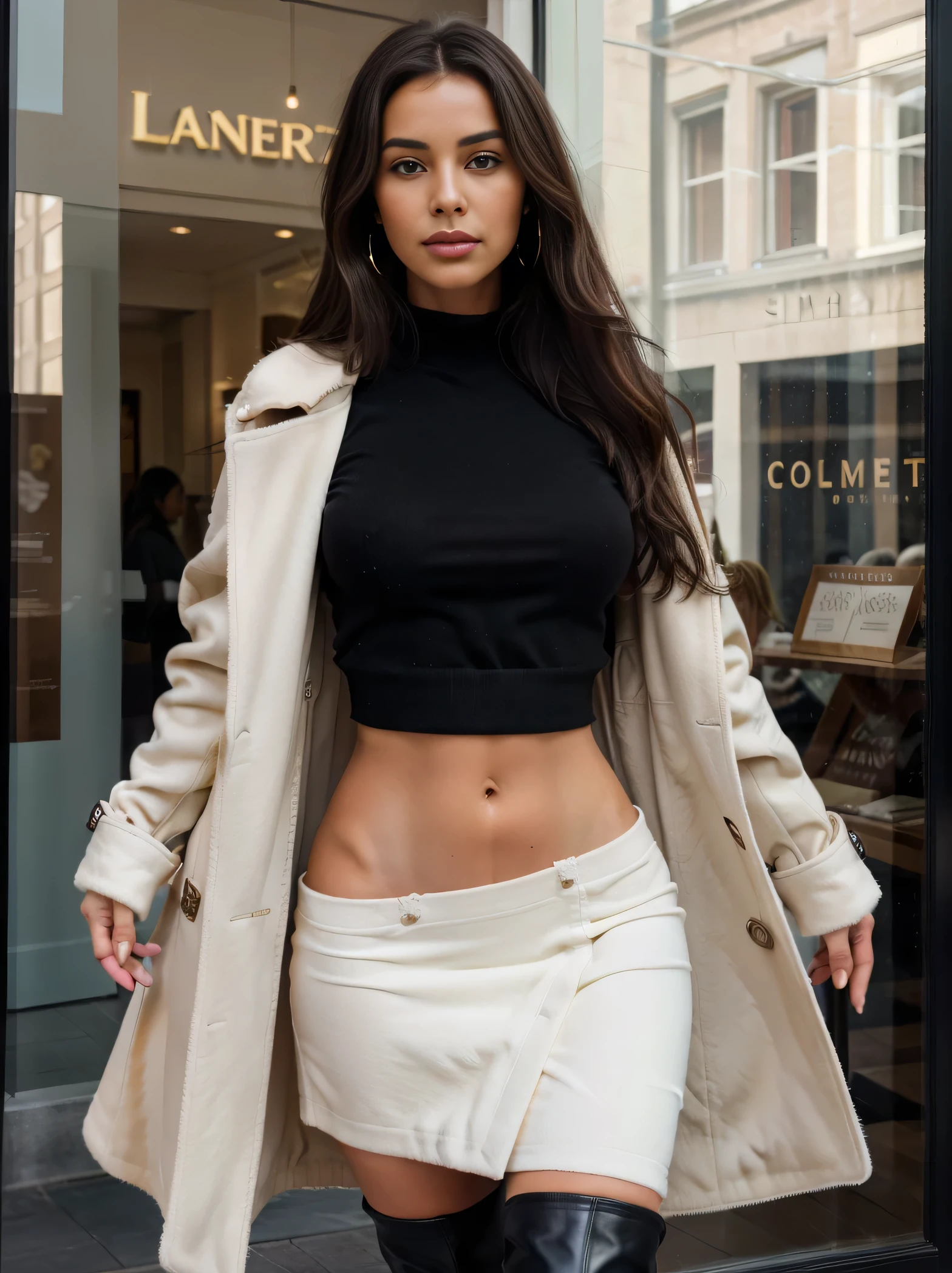 Full body photo of a woman in her 20s, ((pale skin, dark brown hair): 1.2), ((long hair falling in waves, neat hair)), big breasts, big butt, thick legs, wearing ((black wide legs pants with camouflage,)) black shirt, crop top, abdomen)), ((jeans, waist, hips, thighs photo): 1.4), ((walking, outdoors, city with quite a bit of rain): 1.2), ((red lipstick, eyeliner, eye shadow, blush): 1.1), ((best quality, masterpiece, extreme detail, high resolution): 1.2), ((detailed eyes, beautiful eyes, detailed face, beautiful face): 1.2), with (((Gucci boots design 2024)))