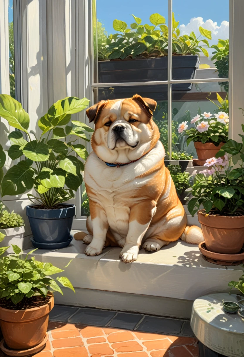 A cute illustration of a chubby, content dog lounging in a sunny spot on a windowsill, surrounded by pots of blooming plants, with a peaceful, sleepy expression, (masterpiece, best quality, Professional, perfect composition, very aesthetic, absurdres, ultra-detailed, intricate details:1.3)