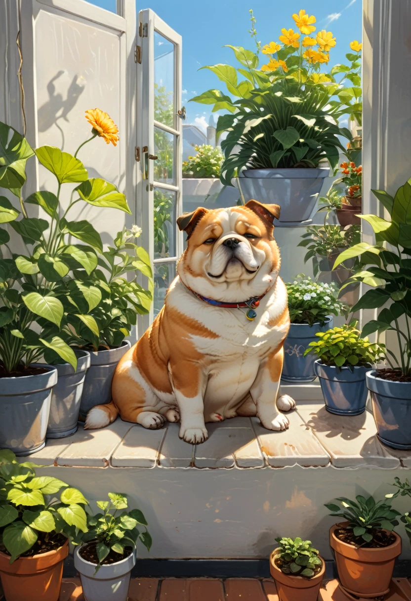 A cute illustration of a chubby, content dog lounging in a sunny spot on a windowsill, surrounded by pots of blooming plants, with a peaceful, sleepy expression, (masterpiece, best quality, Professional, perfect composition, very aesthetic, absurdres, ultra-detailed, intricate details:1.3)