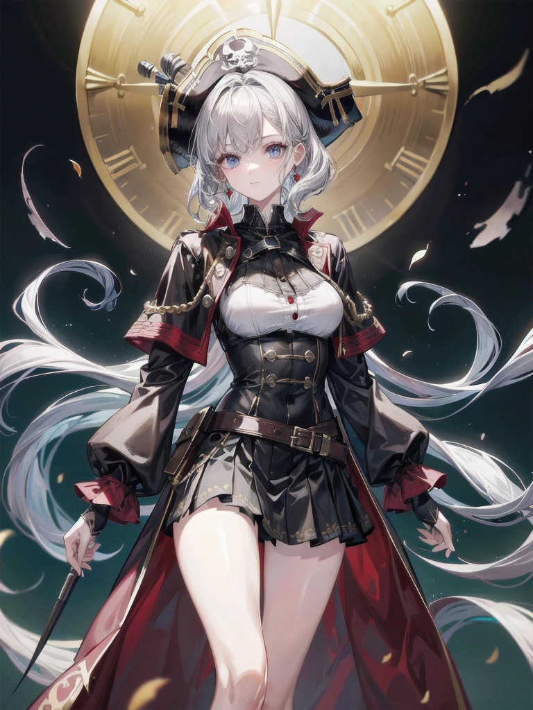 (Practical pirate clothing), Long-sleeved pirate top, Skirt, torn pirate hat, absurdres, RAW photo, extremely delicate and beautiful, masterpiece, Best Quality, ultra high resolution, 32k, hyperrealistic, ultra-detailed, detailed description, pale skin, 20 years old, tearful mole, earring, big tits, short medium hair, wavy hair, whole body shot,