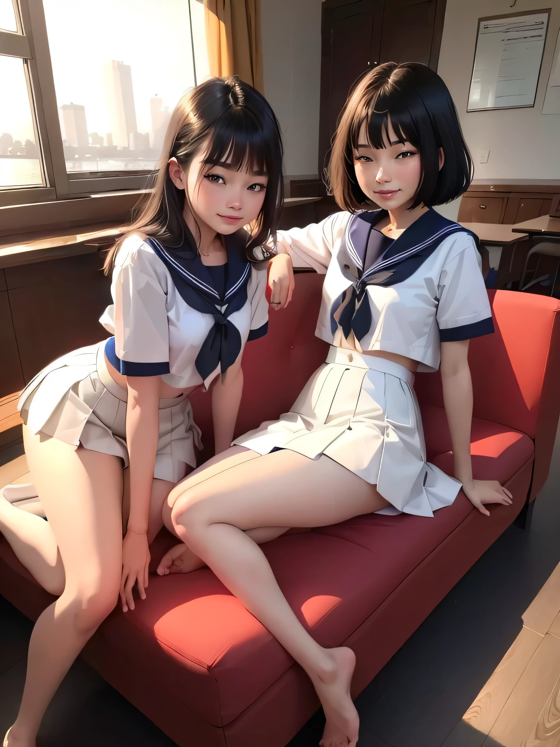 (top-quality、in 8K、32K、​masterpiece、超A high resolution、Impresionismo、Photorealsitic:1.2)、Full body, Inside the classroom、Schools、Evening glow、beauitful face、blurry backround、-yeld beiful girl、shinny skin、bob cuts、Beautiful black hair、(Katyusha:1.2)、a sailor suit、Pleated miniskirt、Curve、dynamicposes、Smile with open mouth、Two girls, lying on sofa