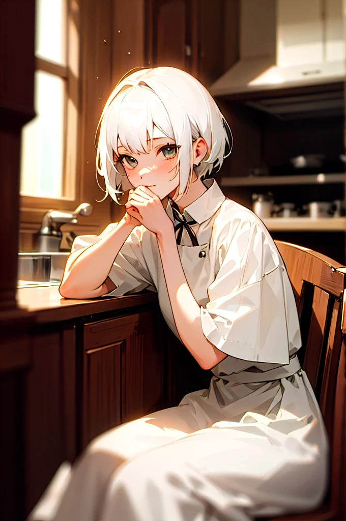 (masterpiece, best quality), 1girl with short white hair sitting on a chair, kitchen, her hand under her chin, warm lighting, white dress, blurry foreground
