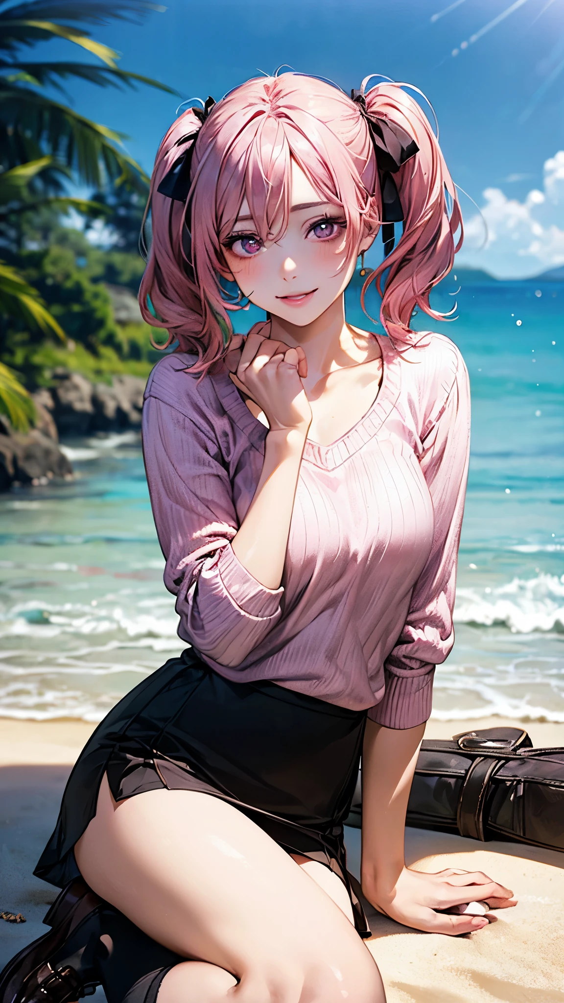 (masterpiece:1.2, top-quality), (realistic, photorealistic:1.4), beautiful illustration, (natural side lighting, movie lighting),
looking at viewer, 1 girl, japanese, high school girl, perfect face, cute and symmetrical face, shiny skin,
(short hair, twintails, pink hair), hair between eyes, purple eyes, big eyes, drooping eyes, glossy lip, long eyelashes, (medium breasts, seductive thighs), slender,
beautiful hair, beautiful face, beautiful detailed eyes, beautiful clavicle, beautiful body, beautiful chest, beautiful thigh, beautiful legs, beautiful fingers,
(detailed cloth texture, high neck pink sweater:1.2, cute black mini skirt), white knee-high socks, loafers, hair ribbon,
(beautiful scenery), morning, (beach:1.2), sitting, raise right leg, hand on own chin, (lovely smile, upper eyes, parted lips),