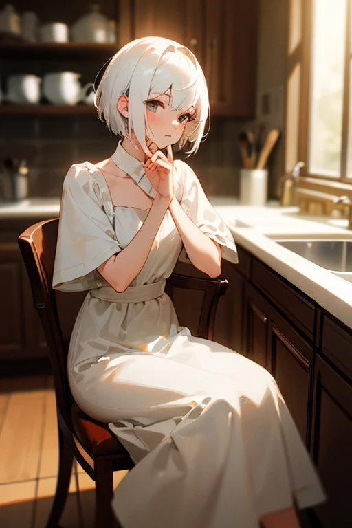 (masterpiece, best quality), 1girl with short white hair sitting on a chair, kitchen, her hand under her chin, warm lighting, white dress, blurry foreground
