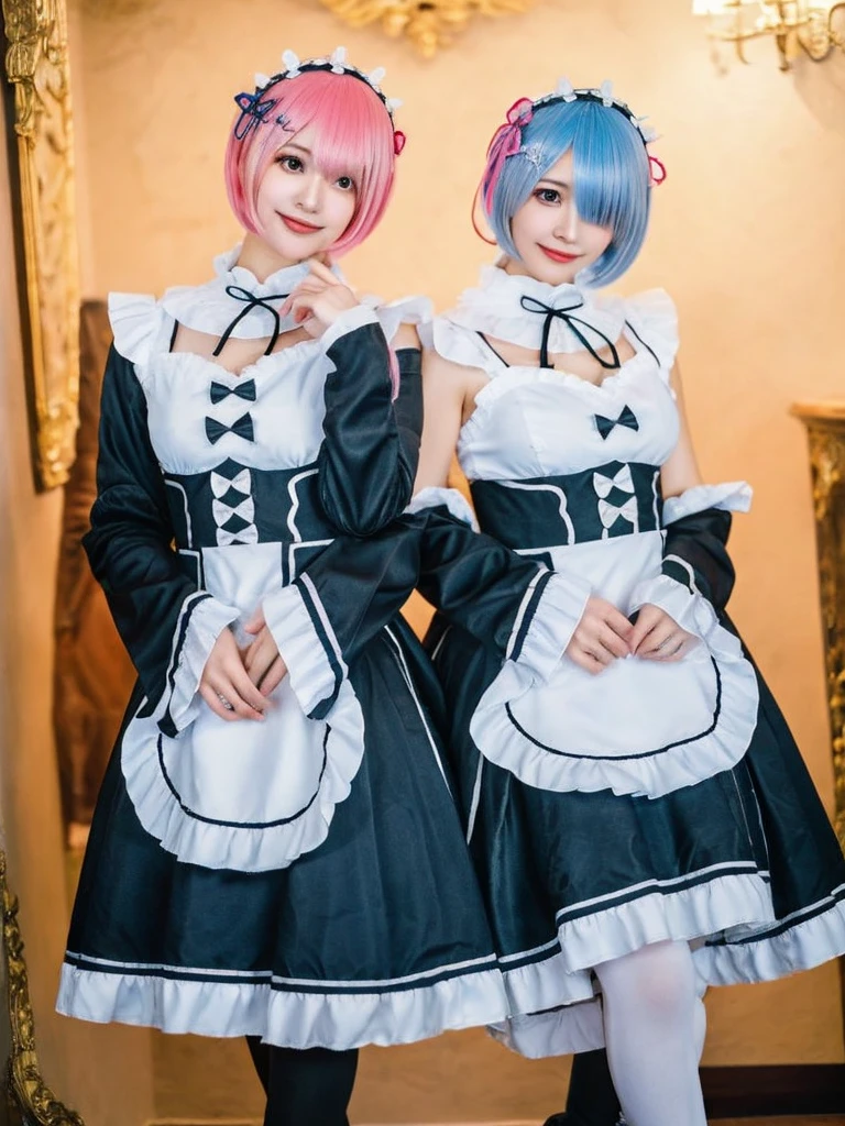 (8K, Photorealistic, Raw photo, of the highest quality: 1.3), (1girl in), Super beautiful, (Realistic face), (boyish, light blue Color Berry Shorthair),(8K, Photorealistic, Raw photo, of the highest quality: 1.3), (1girl in), Super beautiful, (Realistic face), (boyish, pink Color Berry Shorthair), Beautiful , Glare that captivates the viewer, Beautiful expression, Beautiful breasts, (Realistic skin), Be...Create a detailed and colorful image of Ram and Rem from Re:Zero, standing back-to-back in their maid outfits, with a magical fantasy background、14years old, two girls,cute, perfect face, beautiful, nice body, gothic lolita clothes, gothic lolita fashion, frilly skirt, headdress, necklace, bracelet, knee-high socks, boots, double eyelids, tear bags, Detailed down to the fingers, photo-like description, indoors, dim indoor lighting, one girl is pink hair and short bob, another girl is light blue hair and short bob,standing, whole body, composition that shows the whole body, smiling,The Both of them are wearing the same type of maid outfit