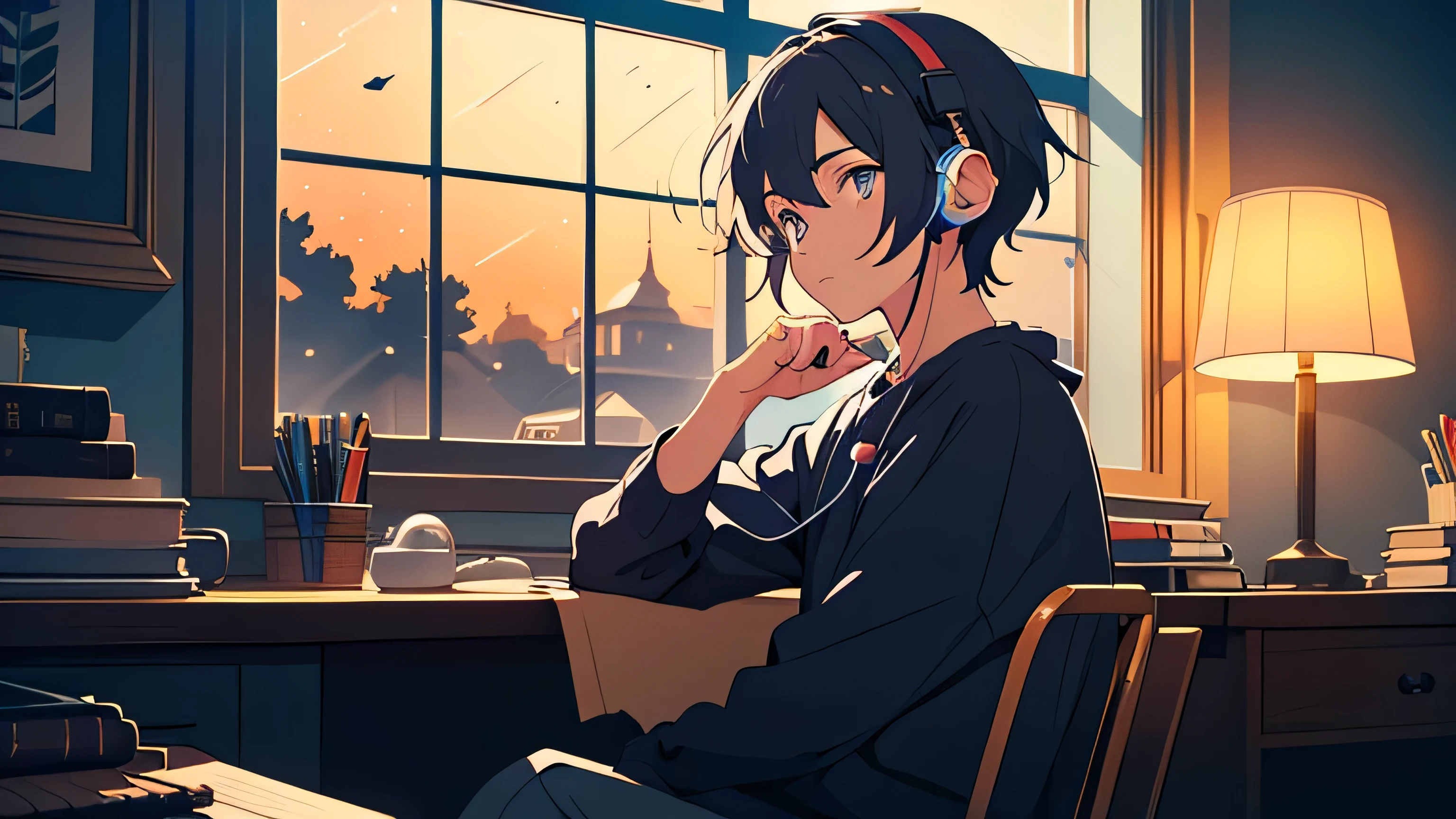 Male anime character sitting with headphones, Lofi Artstyle, Digital anime illustration, detailed 2D illustration, Lofi Art, 2D illustration, 2D illustration, Illustrative animation styles, Background Window, night with lamp, night, Stars in the window, Distant image of the character, Super detailed, (look up), (look up), (study), No pencil.