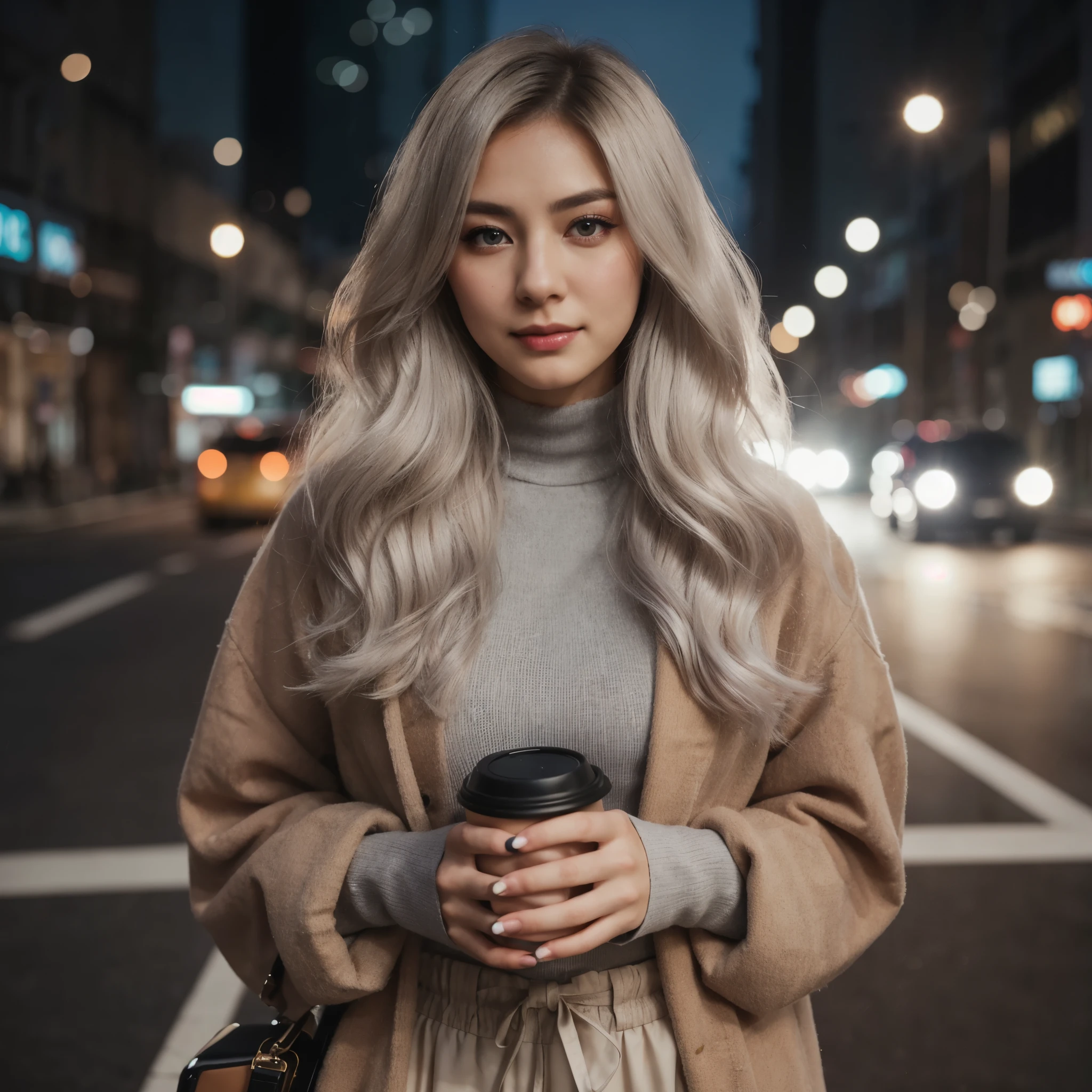 full body photography of a professional japan woman model who is graceful, charming, and confident with an ideal body, white hair styled in a half bun, soft makeup, a slight smile, wearing modern trendy attire, holding a coffee cup, looking like a professional model walking on a city street at night time with dramatic lighting, bokeh, and depth of field, resembling a photo taken with a Sony 7000D camera