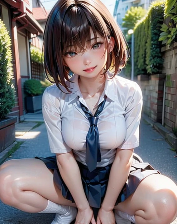 In 8K,highest quality,The real picture,Intricate details,超A high resolution,Depth Field,Masseter muscle area,Natural soft light,Professional Lighting,1 girl,(cute:1.2),Very beautiful 17 year old girl,Detailed eyes,((Brown eyes)),(Black Hair),(short hair),(bangs),Perfect Skin,Shiny skin,Pure white skin,Fine skin,Big and ample breasts,((Perfect Anatomy,Nice hands,Perfect hands,Five fingers connected to the palm,Precise needles without discomfort)),Perfect Barefoot,Delicate legs,Perfect balance,sexy,I can see your chest,((Japanese Uniform)),((Uniform Mini Skirt)),(tie),Black socks,Chano Leather Shoes,Lurking deep in the city,I can see your crotch,Show me your panties in the street,Both legs are bent,Spread your legs in an M shape,,I can see your pants,Slender thighs when viewed from the front